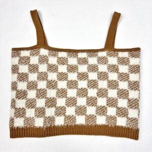 Hazel Moon Brown Cream Checkered Fuzzy Soft Cami Crop Top, Size Medium